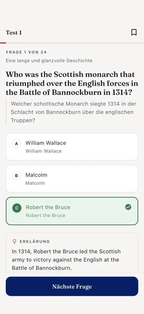 Eine Frage mit aufgedeckter und erklärter Antwort — Englisch zuerst, Ihre Sprache darunter.