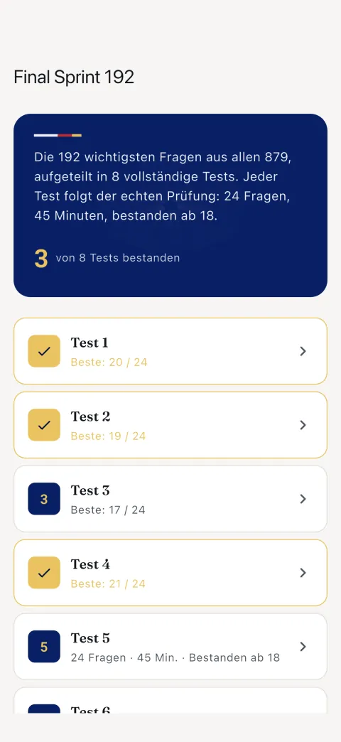 Final Sprint 192: die Fragen mit dem größten Gewicht, auf acht vollständige Testbögen verteilt.