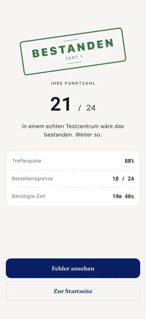 Das Ergebnis: Punktzahl, Trefferquote, die echte Bestehensgrenze und Ihre benötigte Zeit.