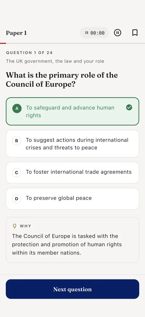 Test mode — Paper 1, question 1 of 24, answer explained
