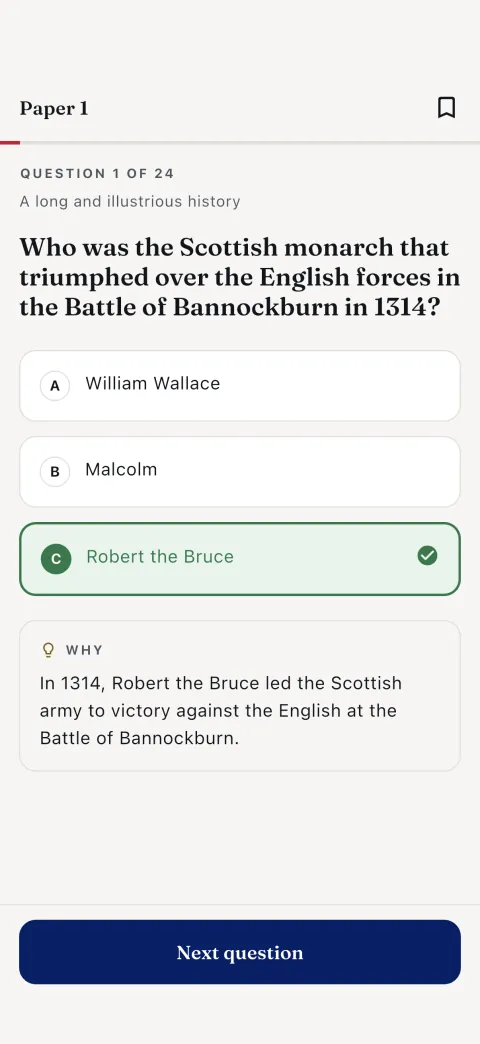 A question with the answer revealed and explained — English first, your language beneath.