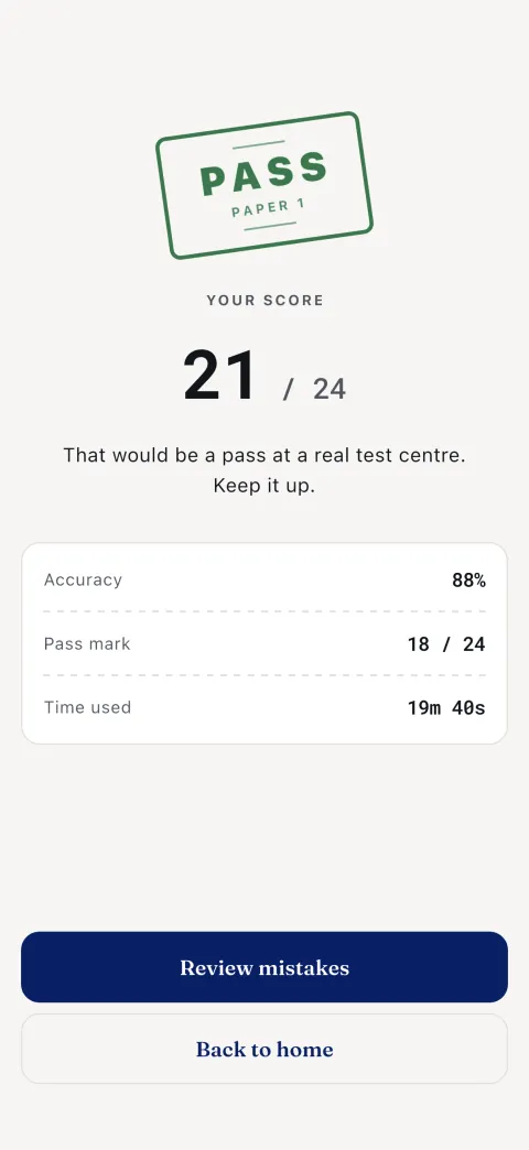 The result: your score, accuracy, the real pass mark and the time you took.