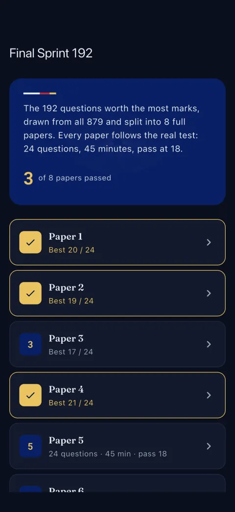Dark mode. The same Final Sprint screen, for reading at night.