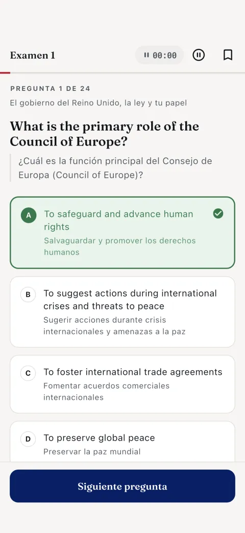 Modo test — Examen 1, pregunta 1 de 24, con la respuesta explicada