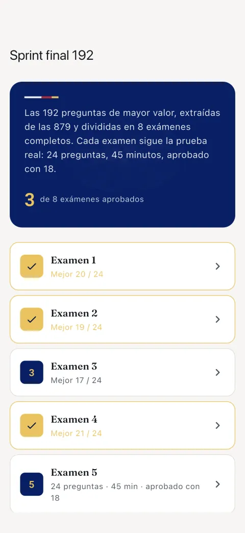 Final Sprint 192: las preguntas que más puntúan, repartidas en ocho exámenes completos.
