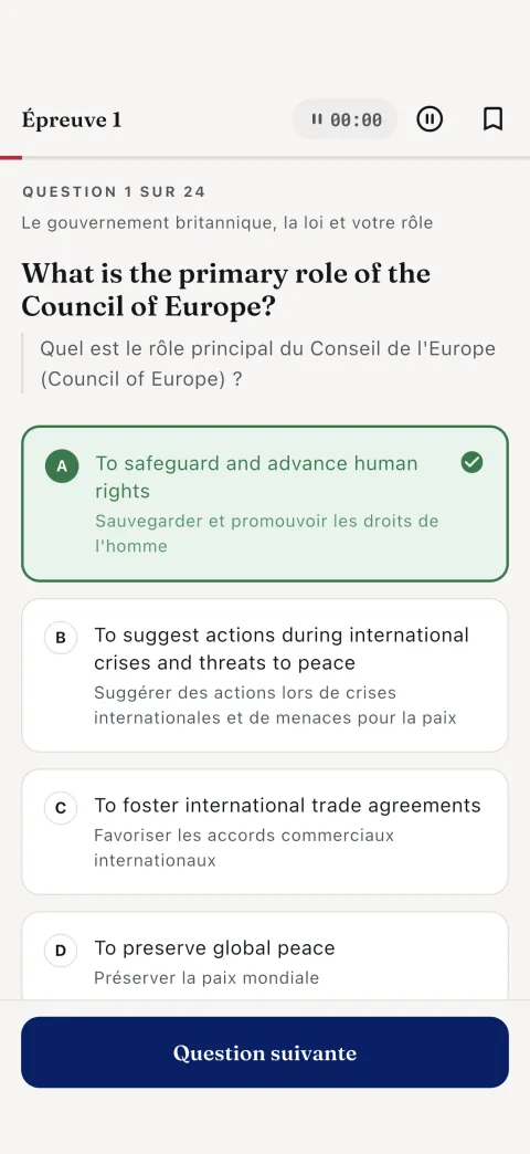 Mode test — Épreuve 1, question 1 sur 24, avec la réponse expliquée