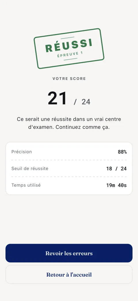 Le résultat : votre score, la précision, le vrai seuil de réussite et votre temps.