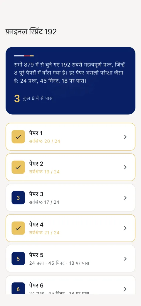 Final Sprint 192: सबसे ज़्यादा अंक वाले सवाल, आठ पूरे पेपरों में बँटे हुए।