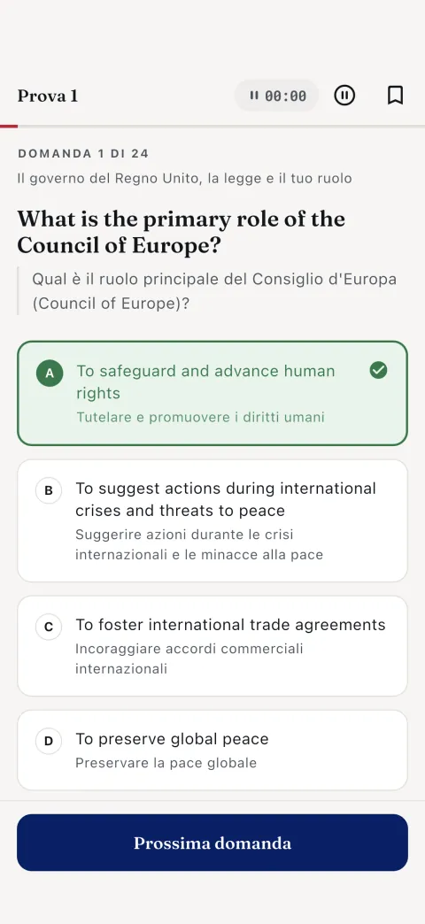 Modalità test — Prova 1, domanda 1 di 24, con la risposta spiegata
