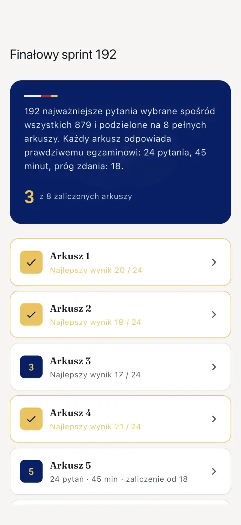 Final Sprint 192: pytania warte najwięcej punktów, podzielone na osiem pełnych arkuszy.