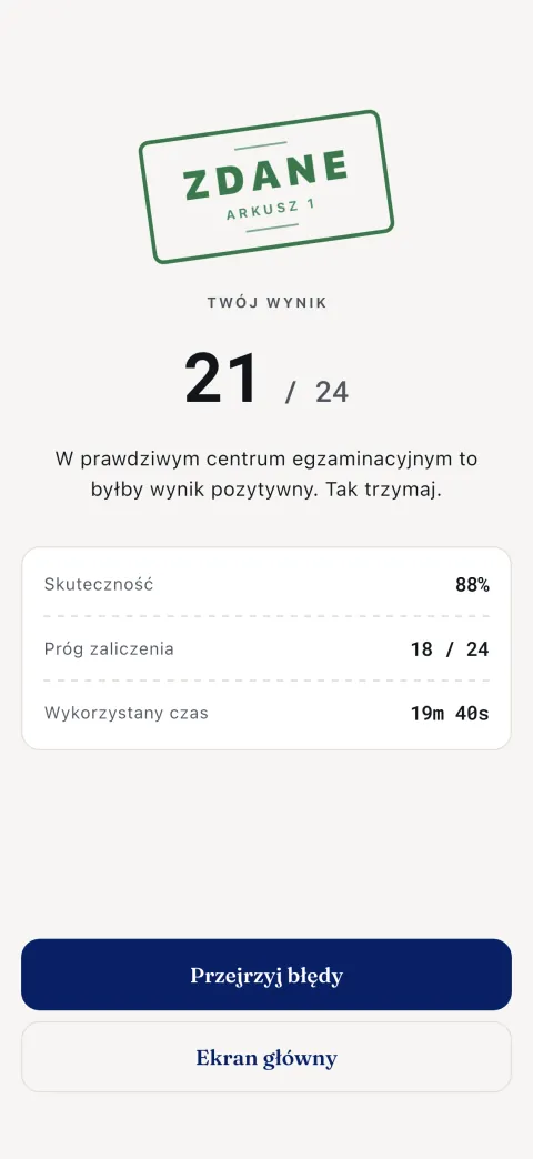 Wynik: Twój rezultat, celność, prawdziwy próg zaliczenia i czas, który zajęło.