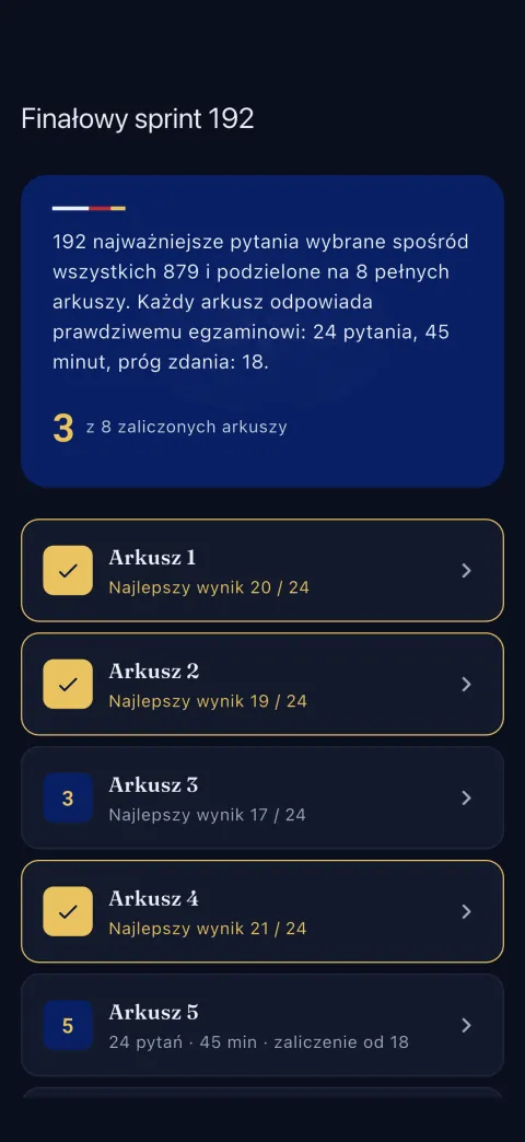 Tryb ciemny. Ten sam ekran Final Sprint, do czytania wieczorem.