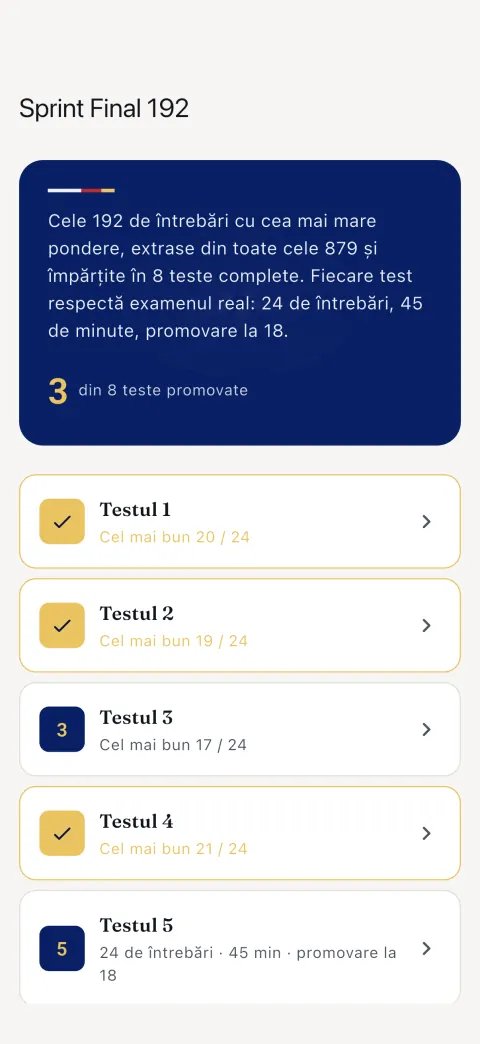 Final Sprint 192: întrebările care valorează cel mai mult, împărțite în opt teste complete.