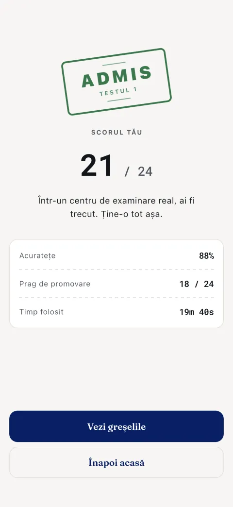 Rezultatul: scorul, acuratețea, pragul real de promovare și timpul folosit.